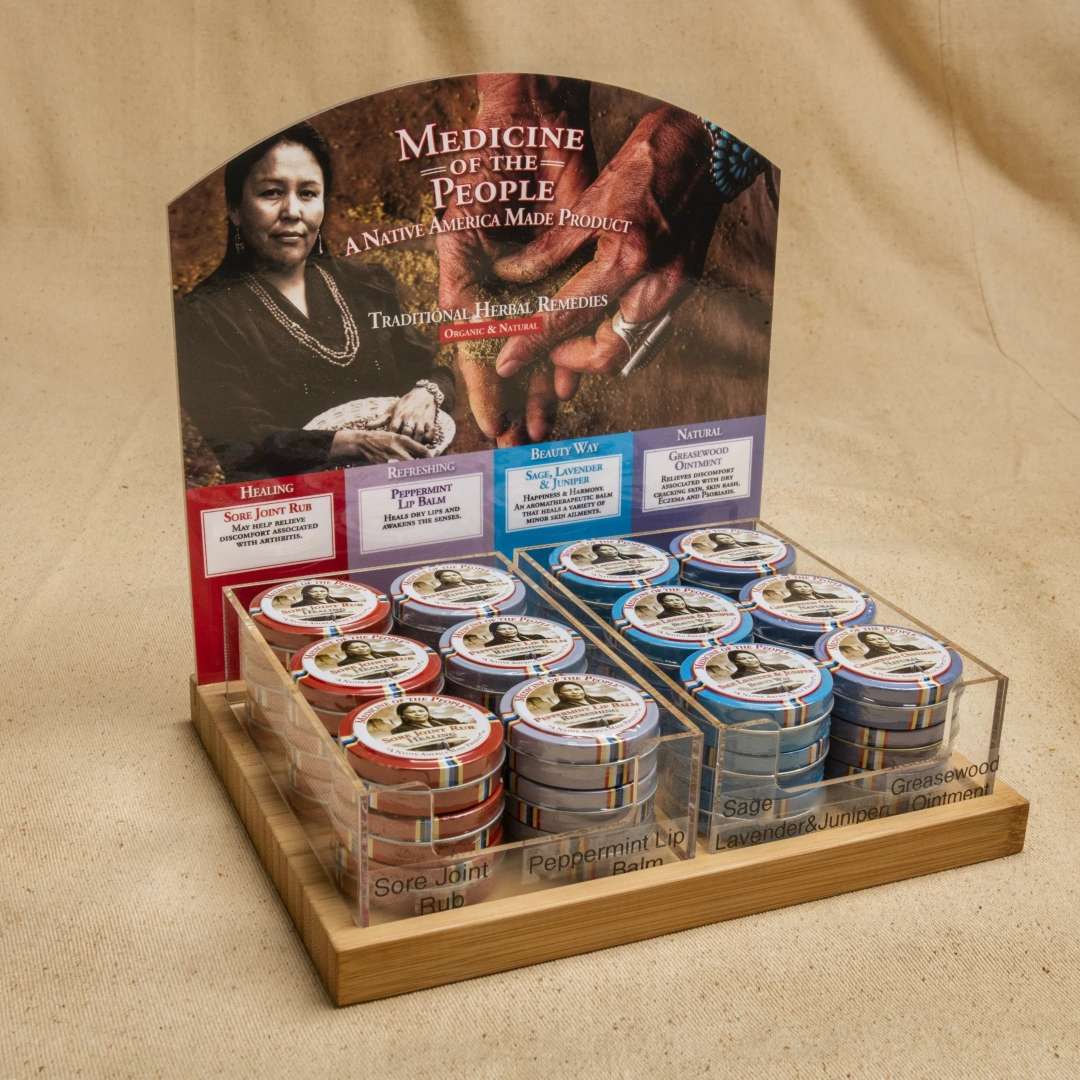 <p style="text-align: center;"><span style="font-size: 20px;"><strong>OPENING ORDER: 4 Best Sellers</strong></span><br />
Minimum opening order - 36 units<br />
The opening order consists of 9 units each of the 4 Best Sellers:<br />
<strong>~</strong> Sore Joint Rub, may help discomfort associated with Arthritis and muscle pain.<br />
<strong>~</strong> Peppermint Lip Balm, heals dry lips and awakens the senses.<br />
<strong>~</strong> Sage, Lavender &amp;amp Juniper, moisturizes with an aromatic balm that heals minor skin ailments.<br />
<strong>~</strong> Greasewood Ointment, relieve discomfort associated with dry cracking skin, skin rash and can be applied to Eczema and Psoriasis.<br />
Acrylic display included.<br />
No Minimum quantity on re-order.</p>